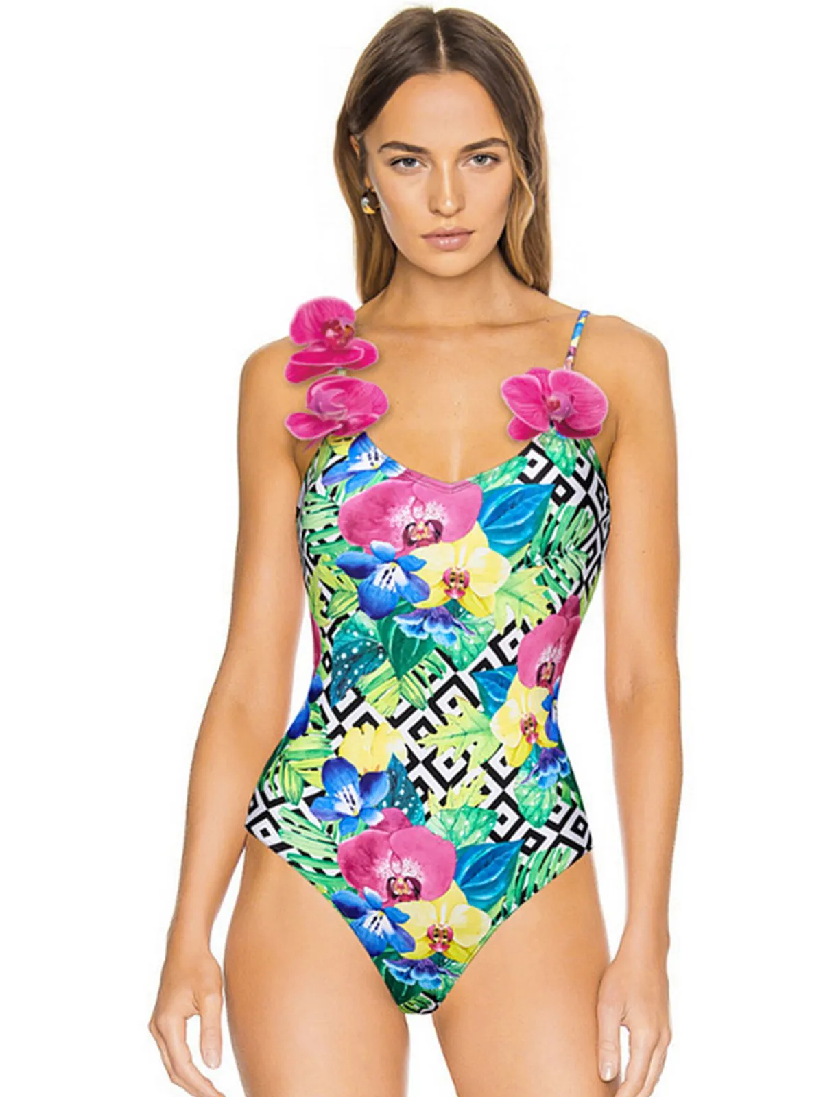 Multicolor 1950s Halter Artificial Flowers Swimsuit