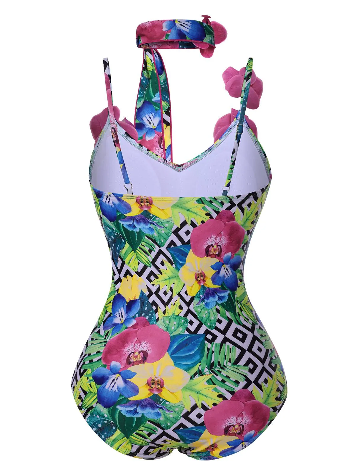 Multicolor 1950s Halter Artificial Flowers Swimsuit
