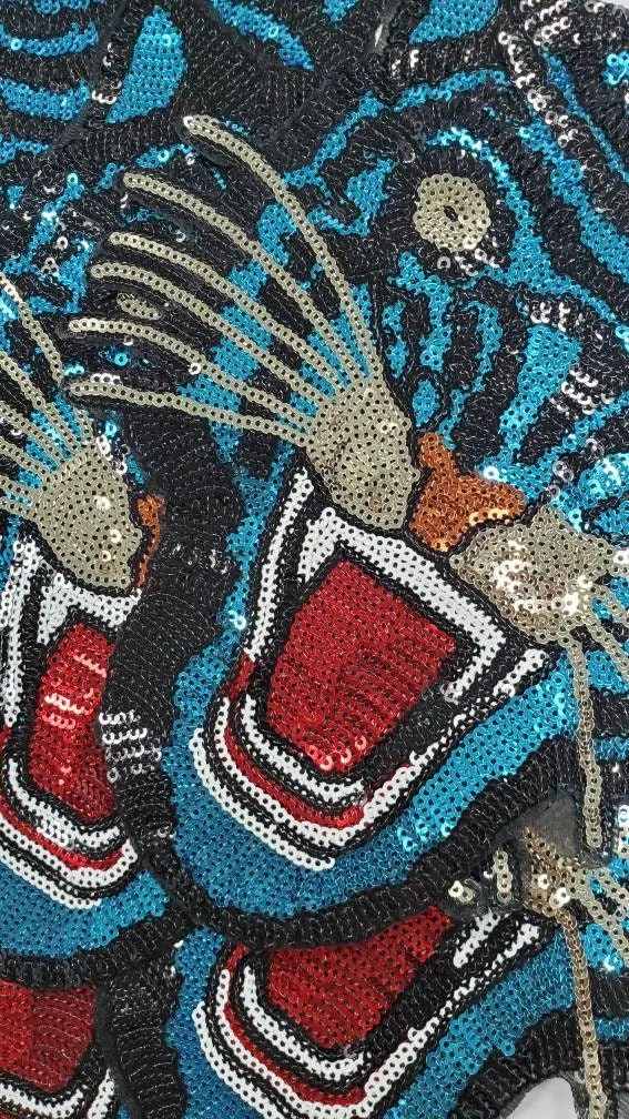 New Arrival, Royal "Blue" Sequins Tiger Head Sew-on Patch, Large Patch; Cool Bling Patch, DIY Applique; Vintage Patch, Size 10.5"