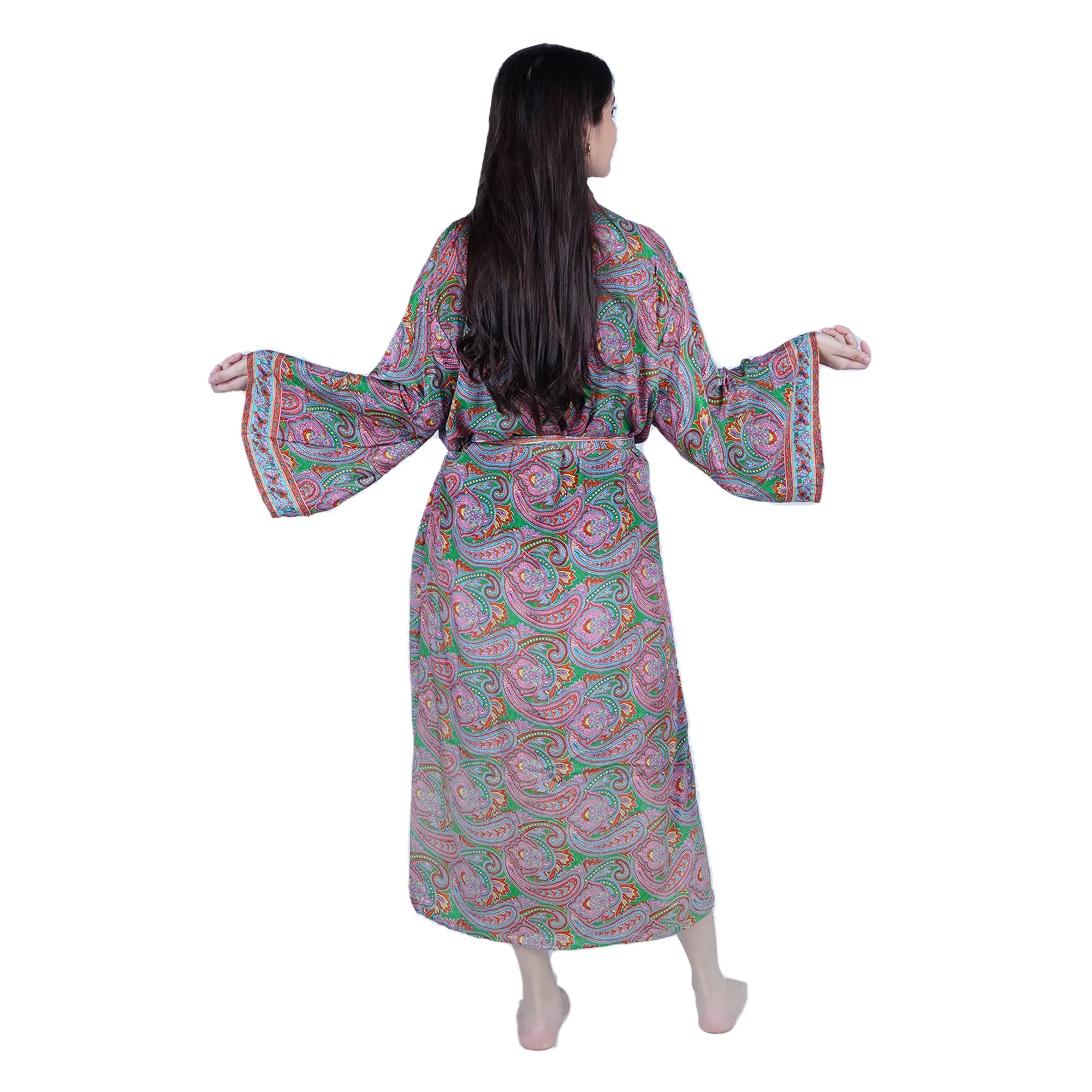New Luxury Silk Boho Kimono House Robe - Pink Green Paisley