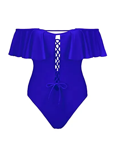 Off-Shoulder Flounce Women Sexy One Piece Swimwear-Royal Blue
