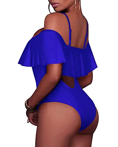 Off-Shoulder Flounce Women Sexy One Piece Swimwear-Royal Blue