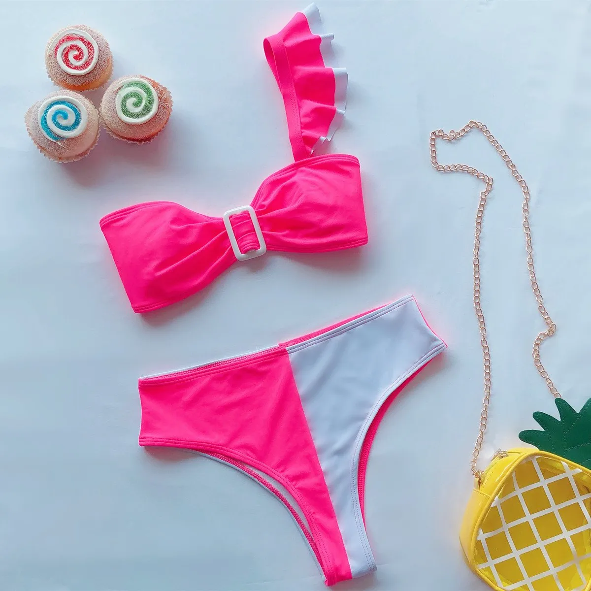 One Shoulder Flapper Colorblock High Rise Triangle Bikinis