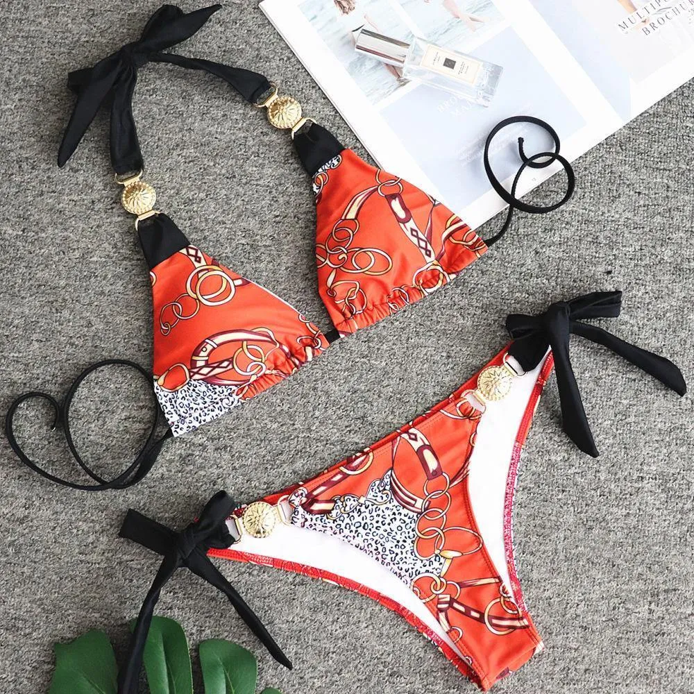 Orange Floral Metal Design Beach Halter Bikini