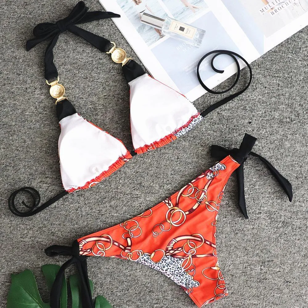 Orange Floral Metal Design Beach Halter Bikini