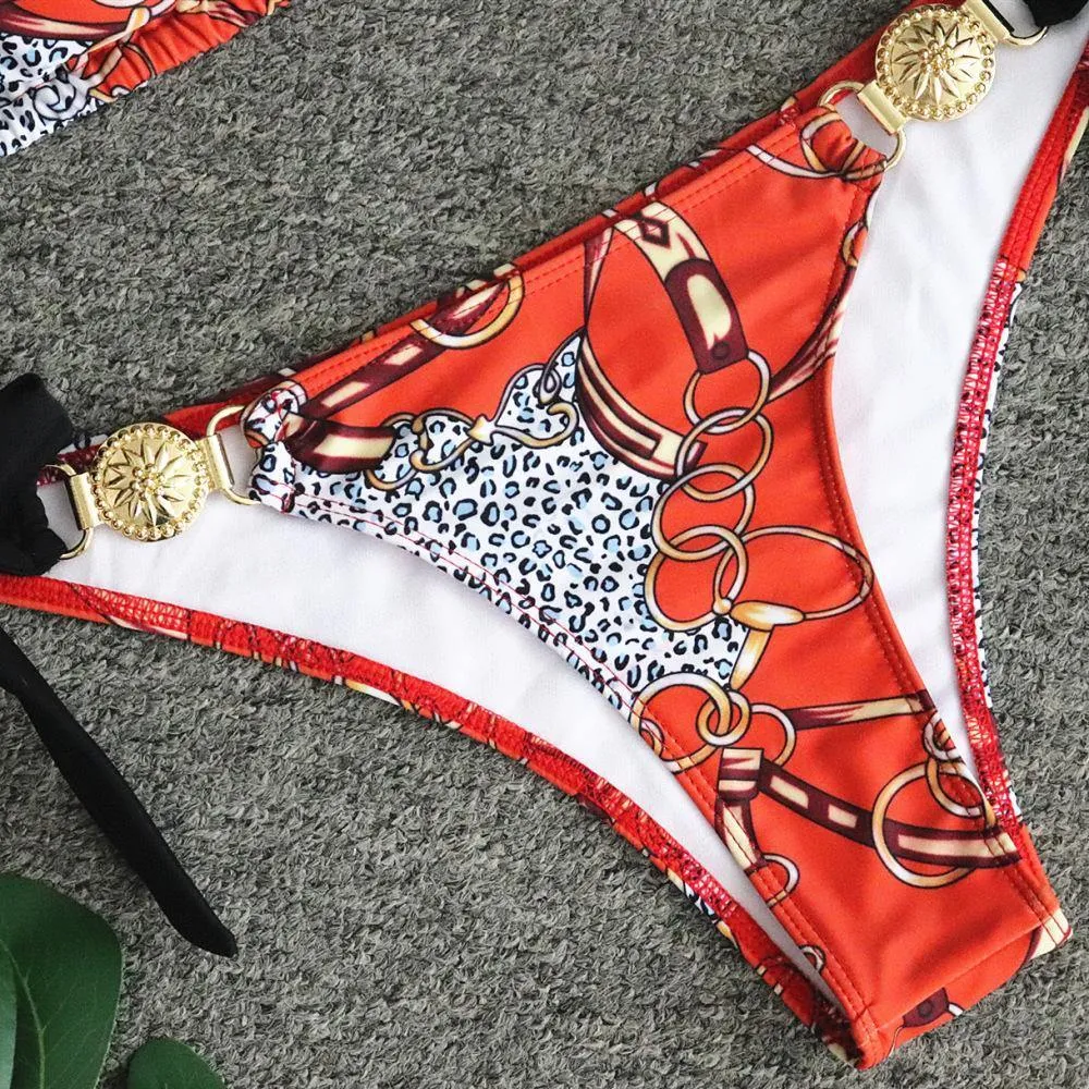 Orange Floral Metal Design Beach Halter Bikini