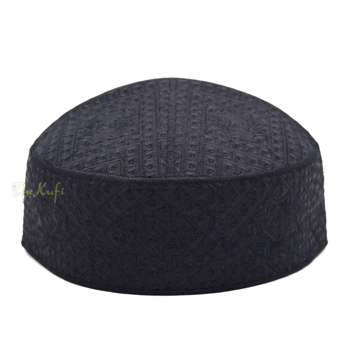 Pakistani Muslim Kufi Hats Black Intricate Embroidery Diamond Motif Rigid Round Islamic Prayer Cap Topi Tupi Head Cover