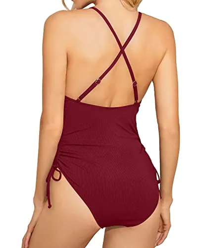 Plunge V Neck Sexy One Piece Swimsuit For Women Tummy Control Bathing Suits-Maroon