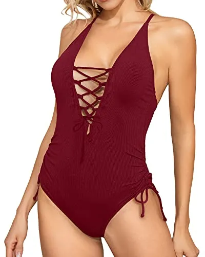 Plunge V Neck Sexy One Piece Swimsuit For Women Tummy Control Bathing Suits-Maroon