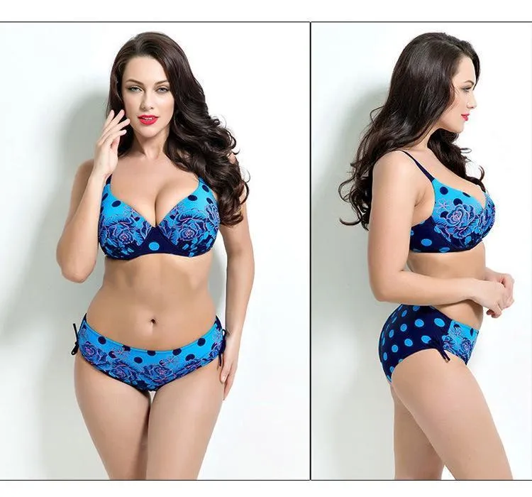 Plus Size Polka Dot Printed High Waist Backless Bikinis Sets Swimwear For Women
