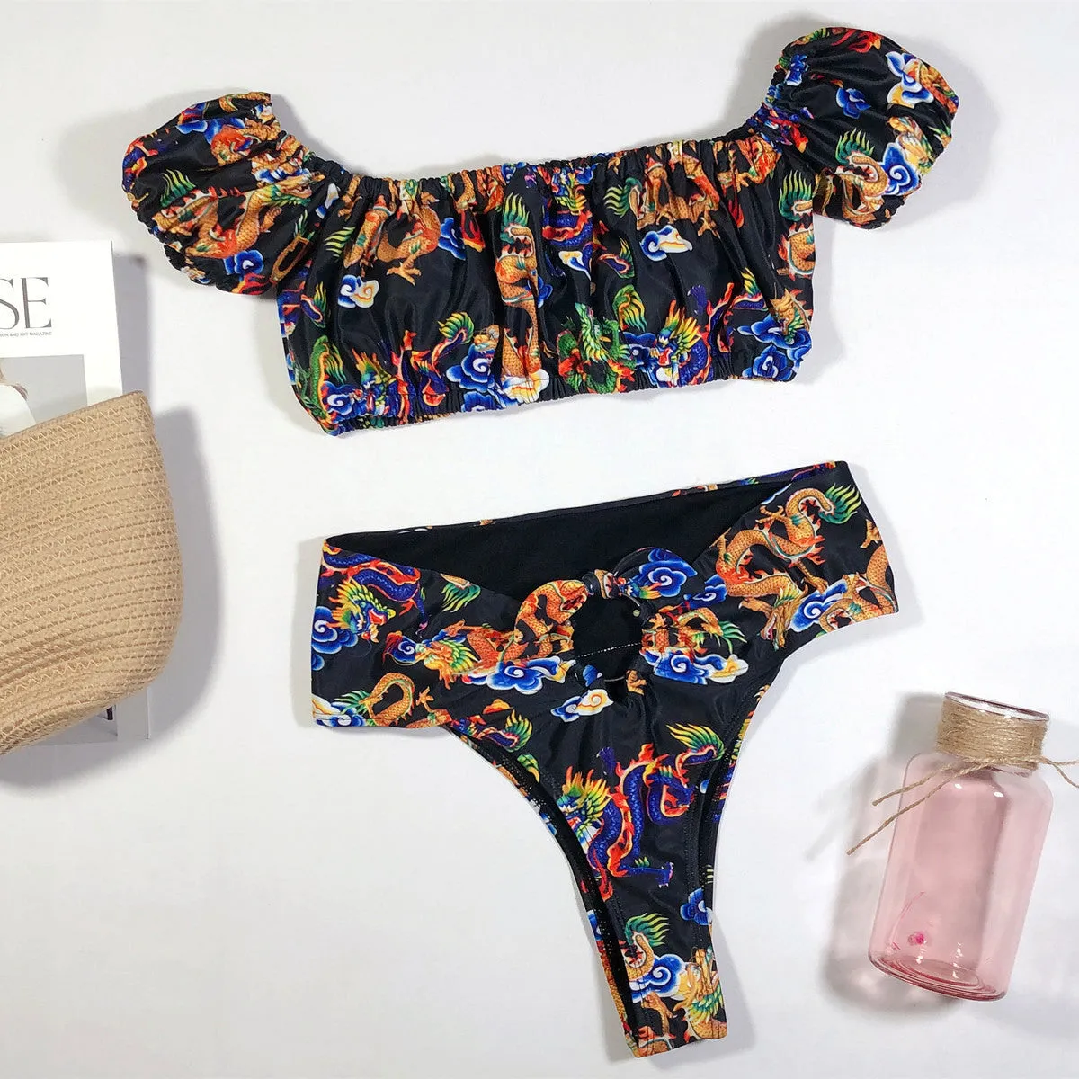 Print Off Shoulder Short Sleeve Thong Bottom Bikinis