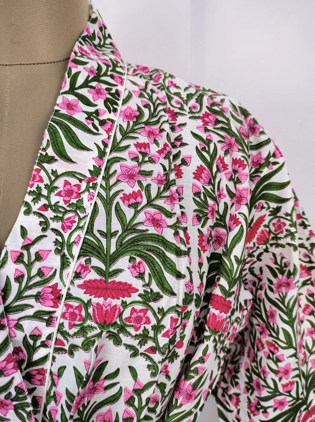 Pure Cotton Kimono Indian Handprinted Boho House Robe Summer Dress | White Pink Garden Floral Beach Luxurious Cover Up, Maternity Mom Bridal