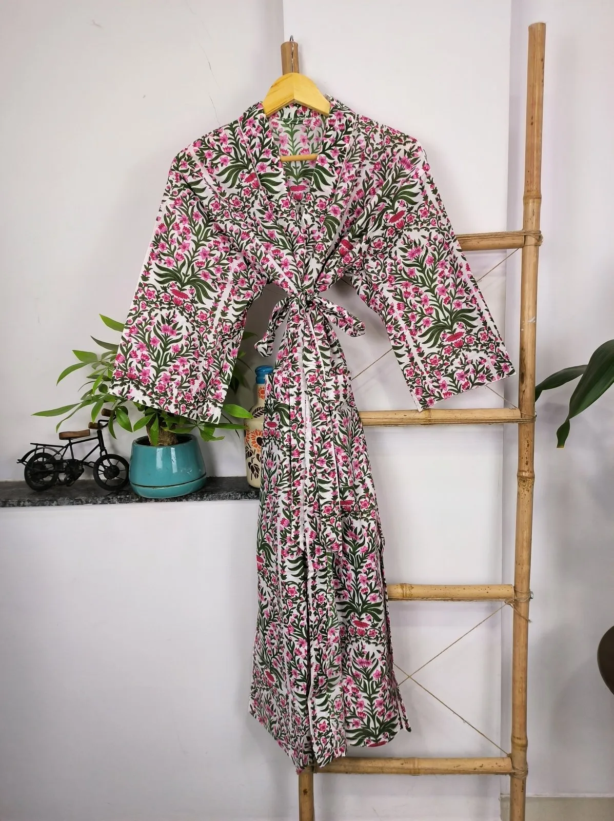Pure Cotton Kimono Indian Handprinted Boho House Robe Summer Dress | White Pink Garden Floral Beach Luxurious Cover Up, Maternity Mom Bridal