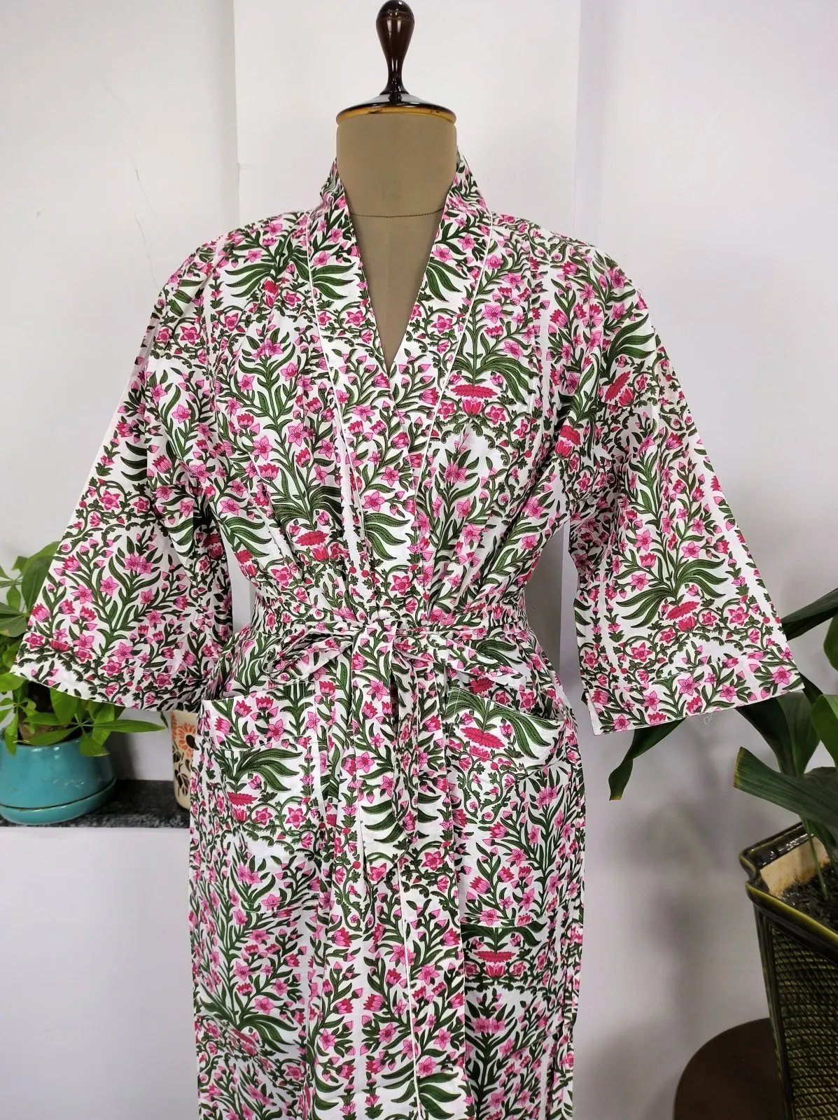 Pure Cotton Kimono Indian Handprinted Boho House Robe Summer Dress | White Pink Garden Floral Beach Luxurious Cover Up, Maternity Mom Bridal