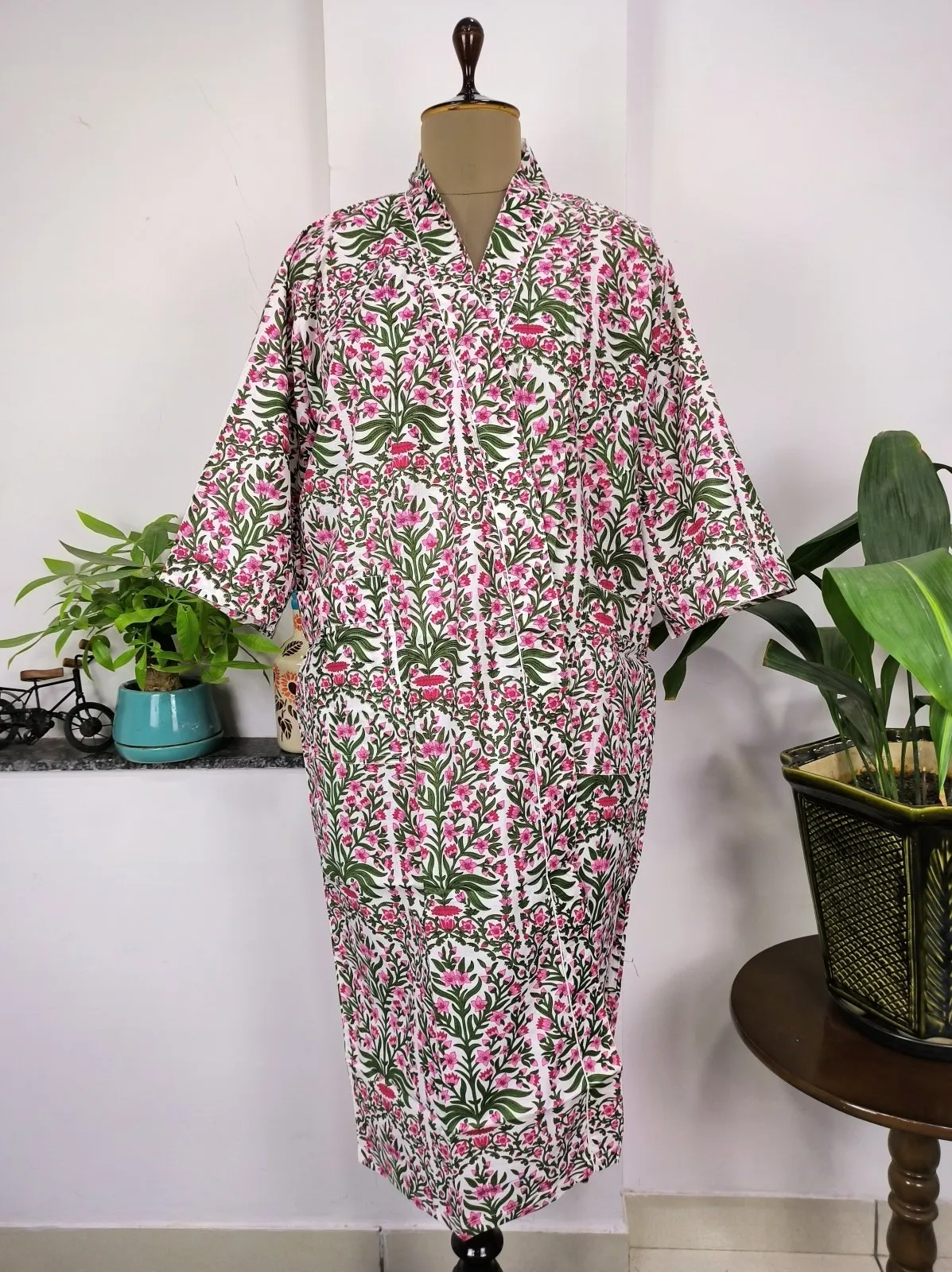 Pure Cotton Kimono Indian Handprinted Boho House Robe Summer Dress | White Pink Garden Floral Beach Luxurious Cover Up, Maternity Mom Bridal