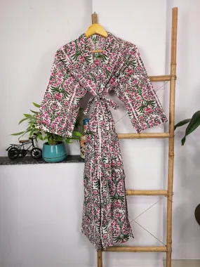 Pure Cotton Kimono Indian Handprinted Boho House Robe Summer Dress | White Pink Garden Floral Beach Luxurious Cover Up, Maternity Mom Bridal