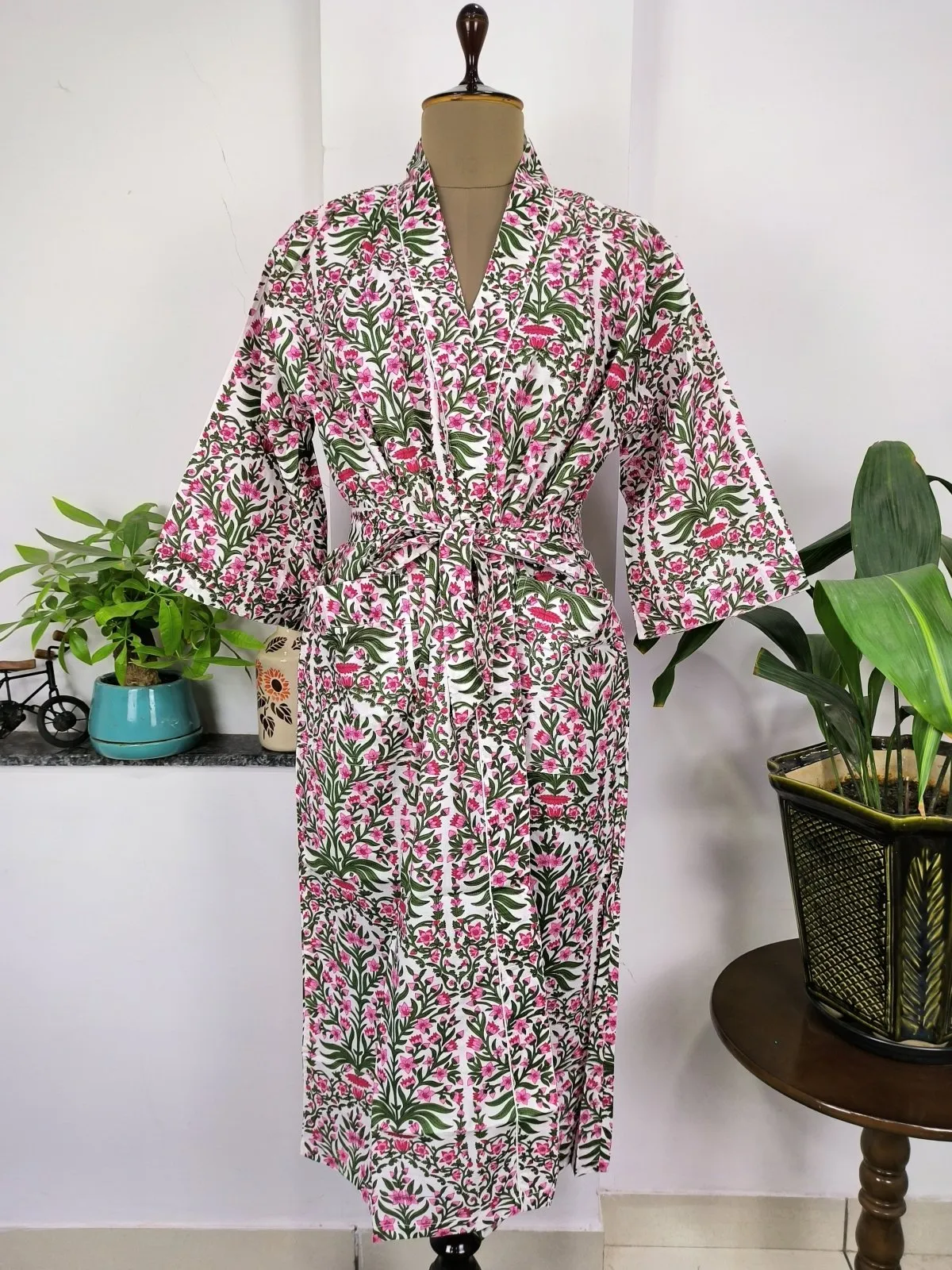 Pure Cotton Kimono Indian Handprinted Boho House Robe Summer Dress | White Pink Garden Floral Beach Luxurious Cover Up, Maternity Mom Bridal