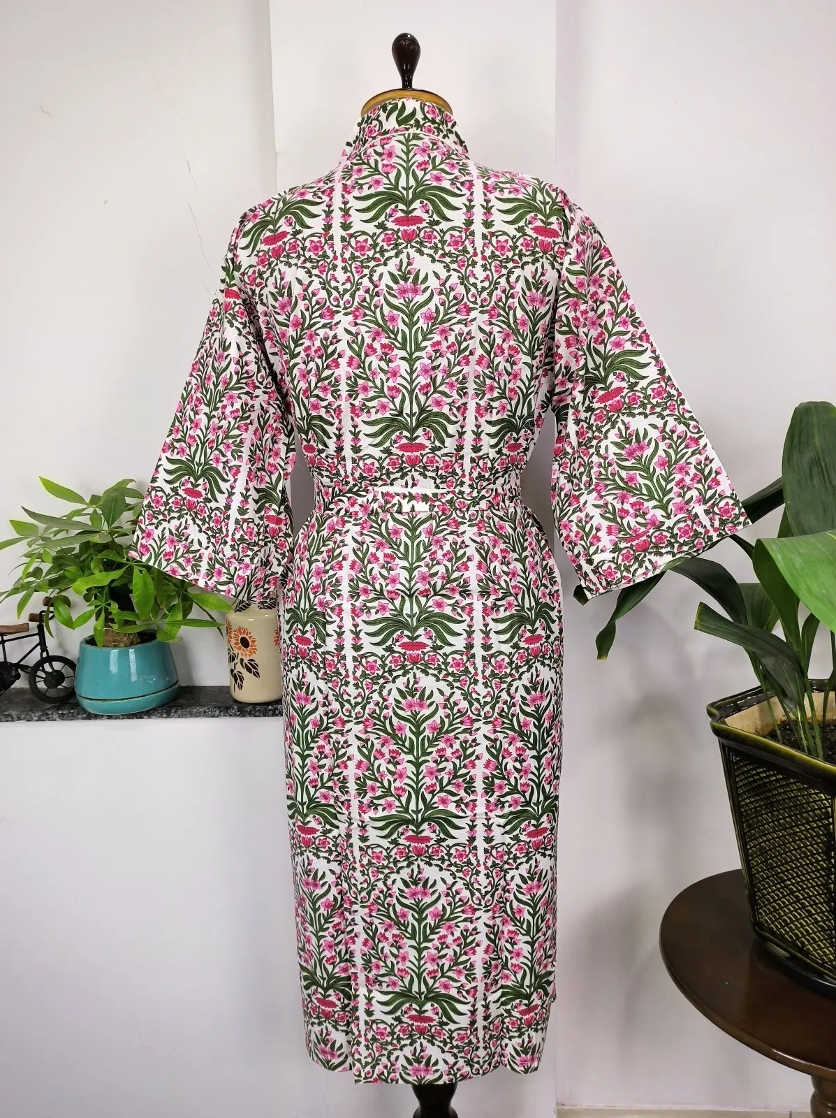 Pure Cotton Kimono Indian Handprinted Boho House Robe Summer Dress | White Pink Garden Floral Beach Luxurious Cover Up, Maternity Mom Bridal