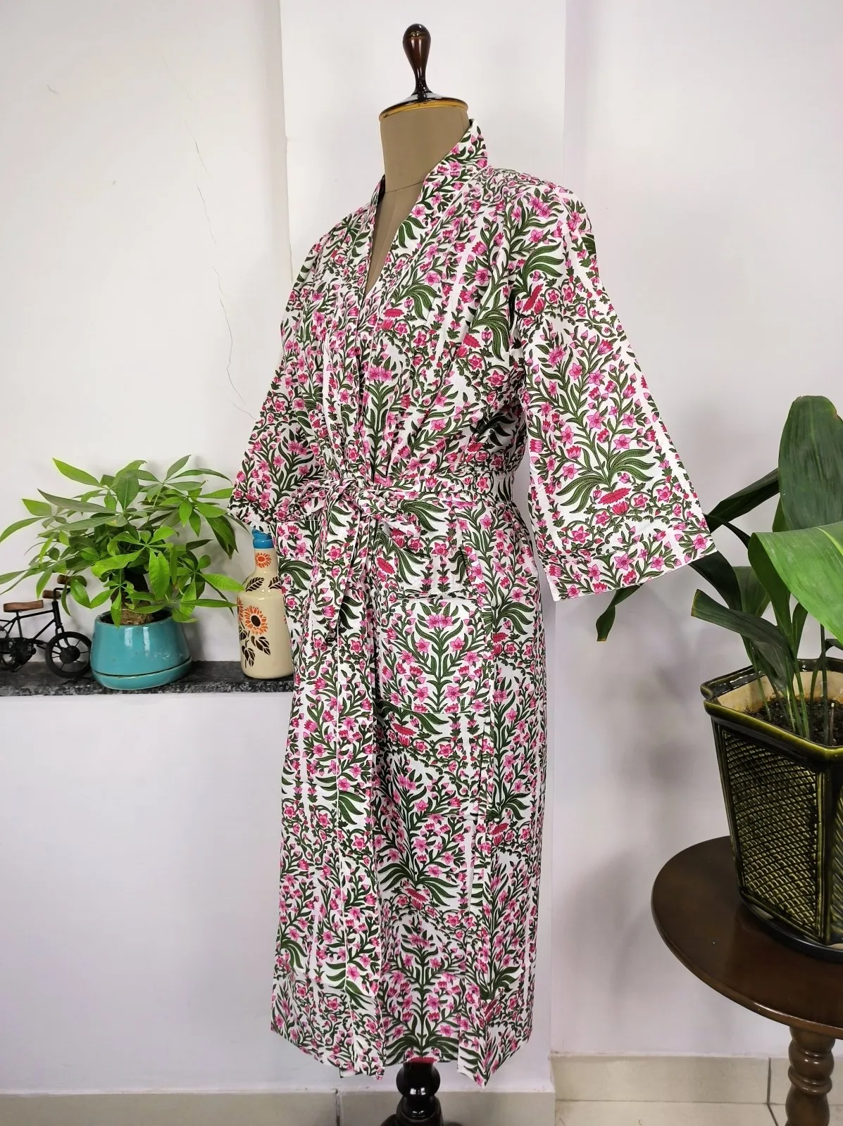 Pure Cotton Kimono Indian Handprinted Boho House Robe Summer Dress | White Pink Garden Floral Beach Luxurious Cover Up, Maternity Mom Bridal