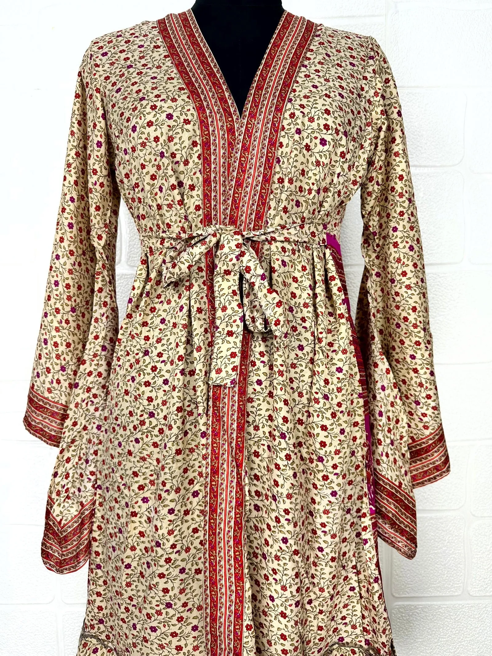 Recycle Boho House Robe Kimono Vintage Silk Sari Dressing Gown, Beach Coverup, Bridesmaid, Anniversary Gift Her | Floral Print Beige Red