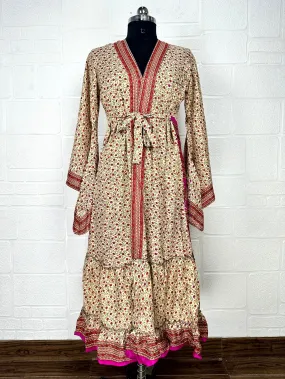 Recycle Boho House Robe Kimono Vintage Silk Sari Dressing Gown, Beach Coverup, Bridesmaid, Anniversary Gift Her | Floral Print Beige Red