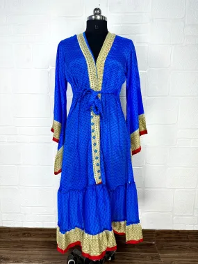 Recycle Boho House Robe Kimono Vintage Silk Sari Dressing Gown, Beach Coverup, Bridesmaid, Anniversary Gift Her | Leaf Print Blue