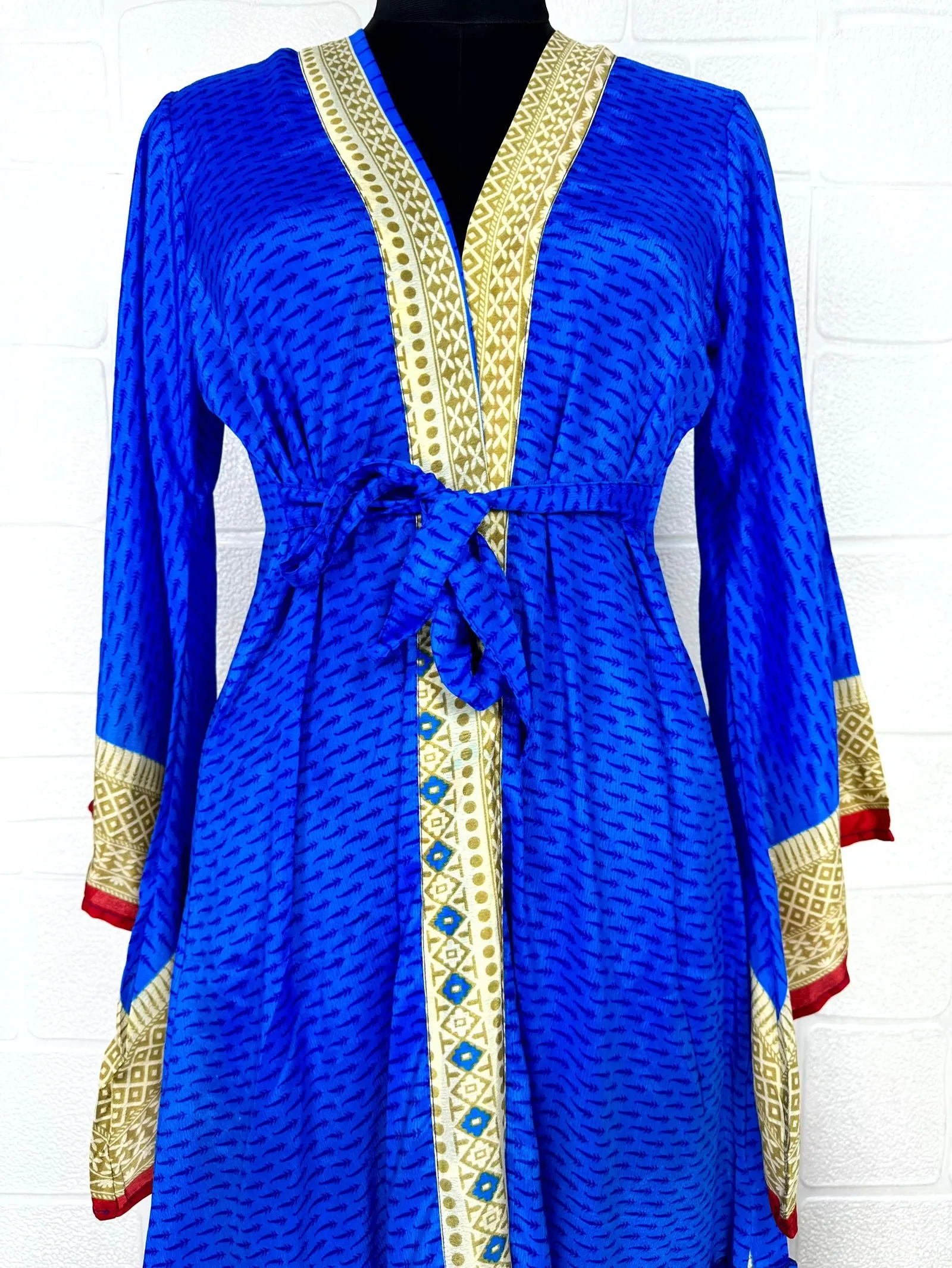 Recycle Boho House Robe Kimono Vintage Silk Sari Dressing Gown, Beach Coverup, Bridesmaid, Anniversary Gift Her | Leaf Print Blue