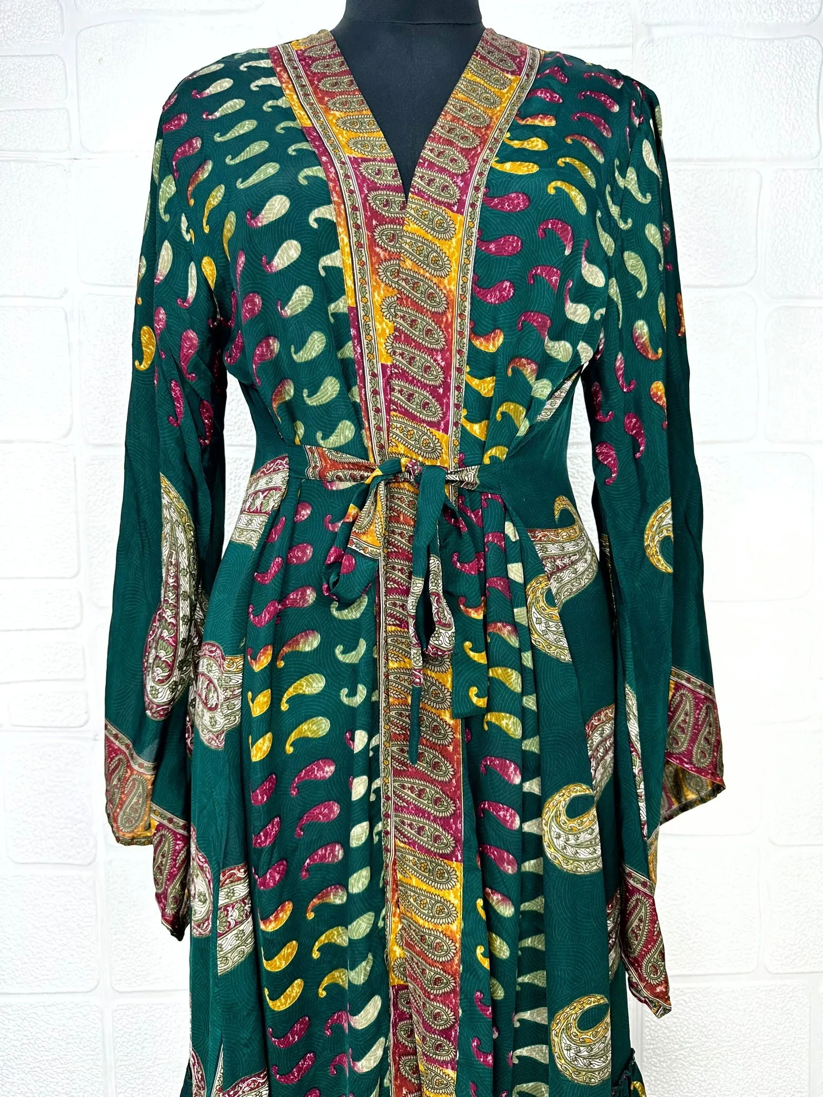 Recycle Boho House Robe Kimono Vintage Silk Sari Dressing Gown, Beach Coverup, Bridesmaid, Anniversary Gift Her | Paisley Print Green