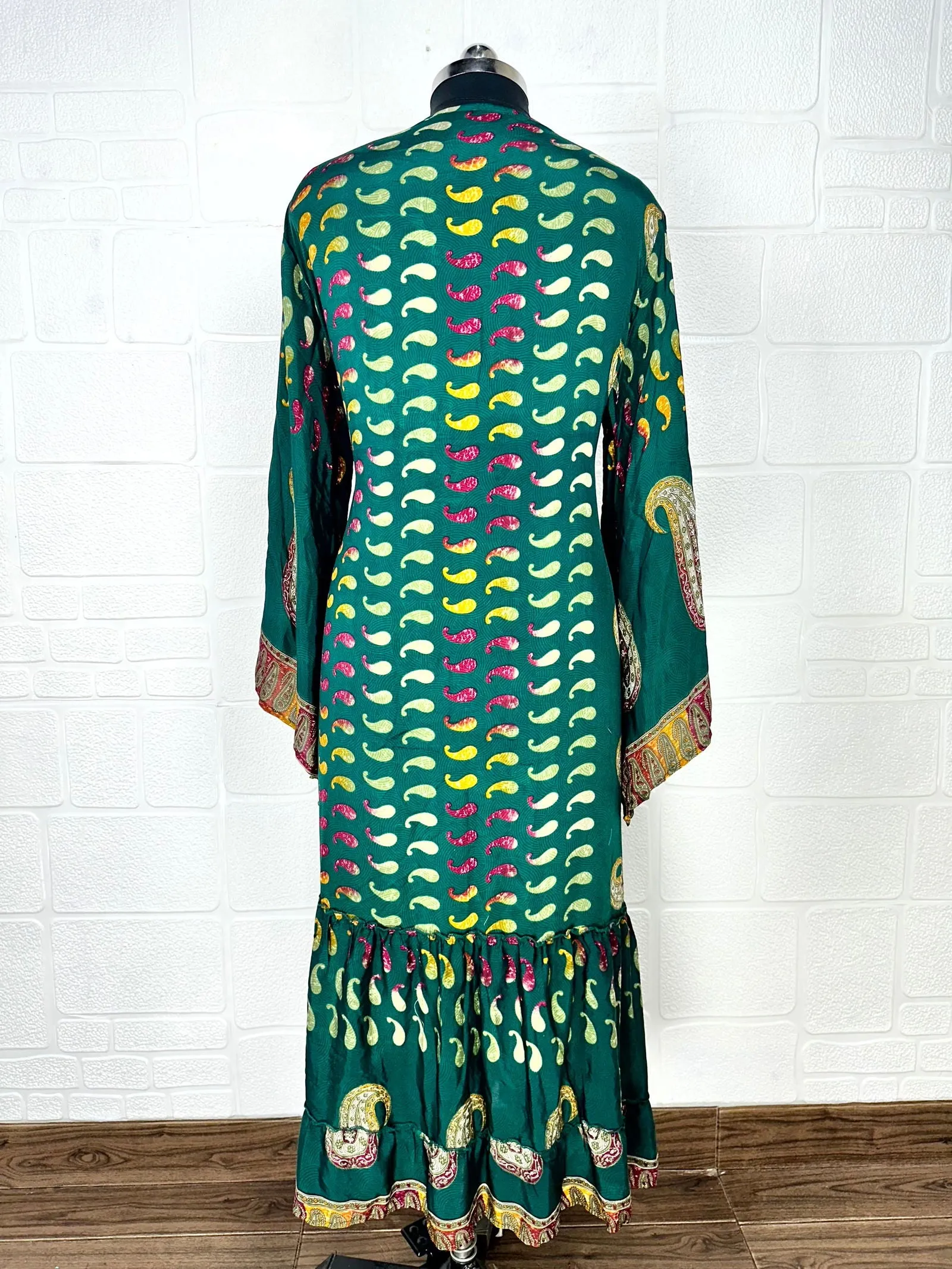 Recycle Boho House Robe Kimono Vintage Silk Sari Dressing Gown, Beach Coverup, Bridesmaid, Anniversary Gift Her | Paisley Print Green