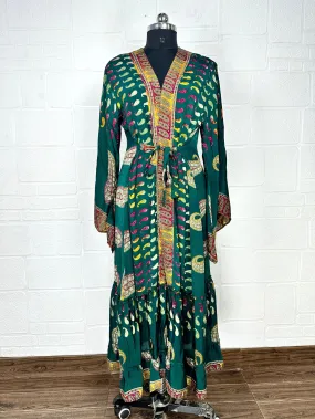 Recycle Boho House Robe Kimono Vintage Silk Sari Dressing Gown, Beach Coverup, Bridesmaid, Anniversary Gift Her | Paisley Print Green