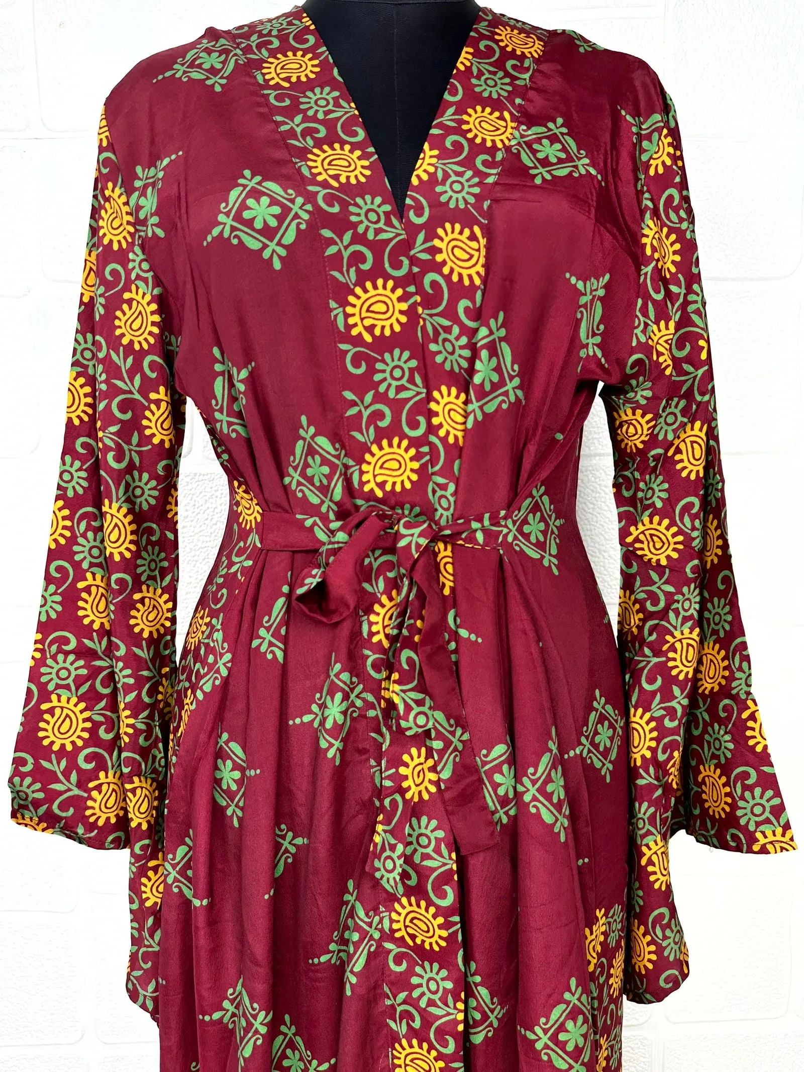 Recycle Boho House Robe Kimono Vintage Silk Sari Dressing Gown, Beach Coverup, Bridesmaid, Anniversary Gift Her | Paisley Print Red Yellow