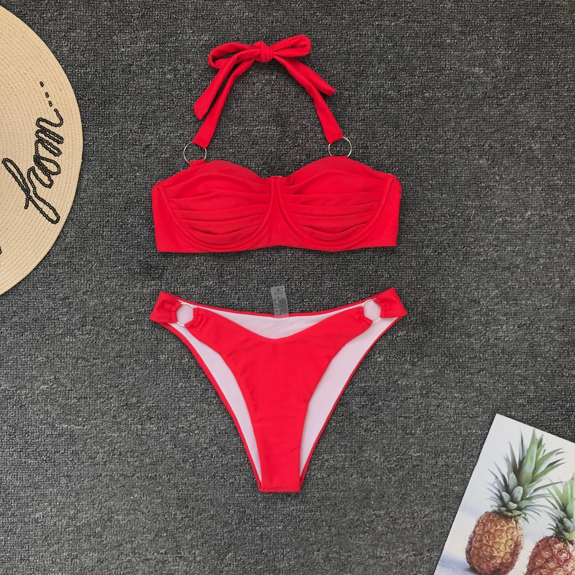 Red Halter Strappy Mid Rise Thong Bottom Bikinis