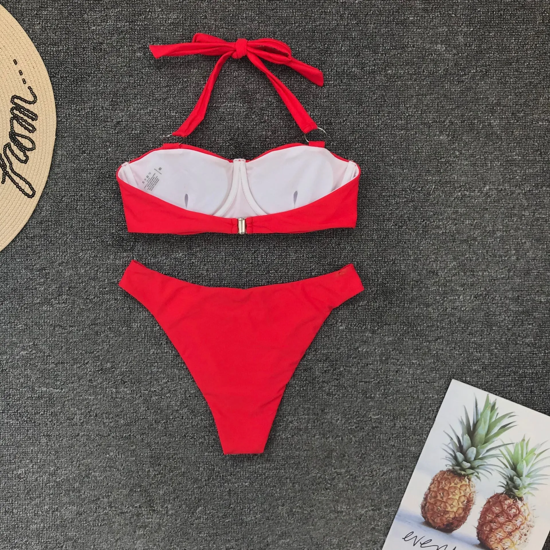 Red Halter Strappy Mid Rise Thong Bottom Bikinis