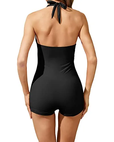 Retro Bathing Suit Halter Swimwear Shorts Boyleg-Black