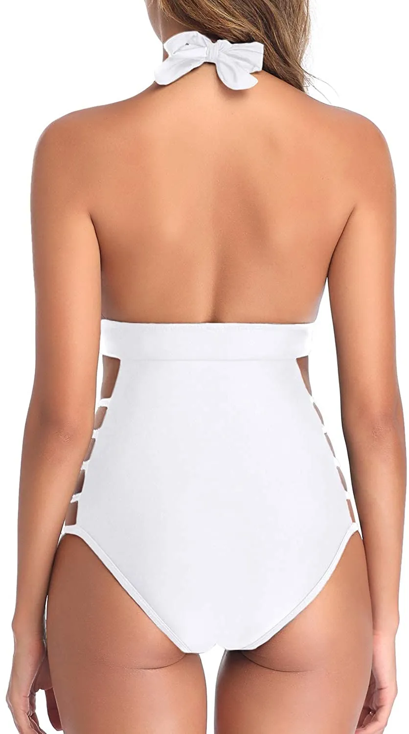 Reverence Halter Open Back Plunge V Neck One Piece Swimsuits