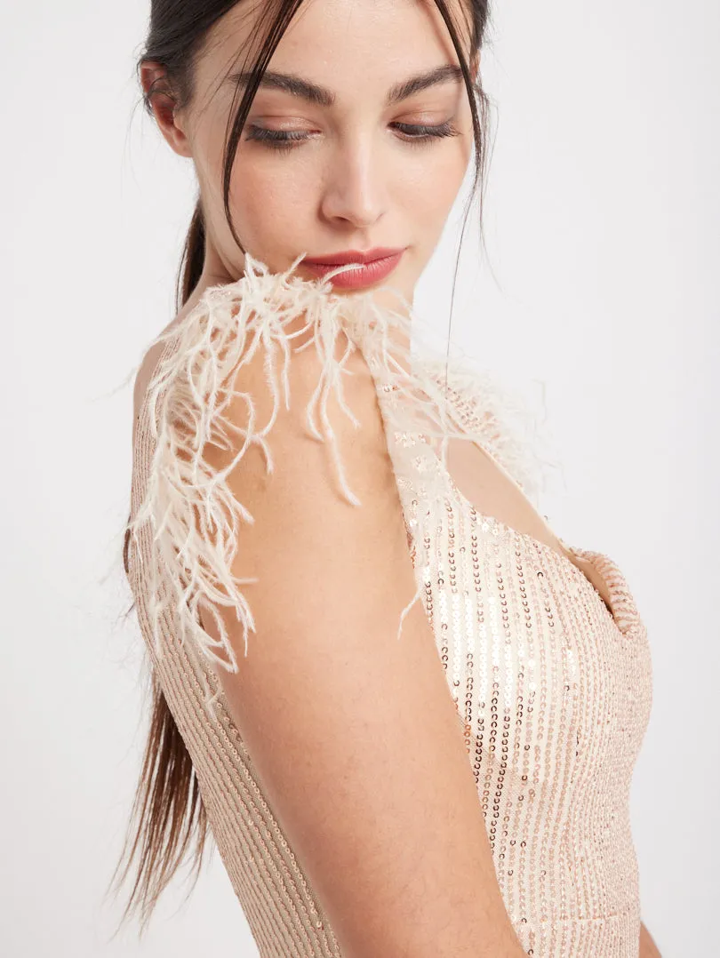 Robe de soirée sequins et plumes