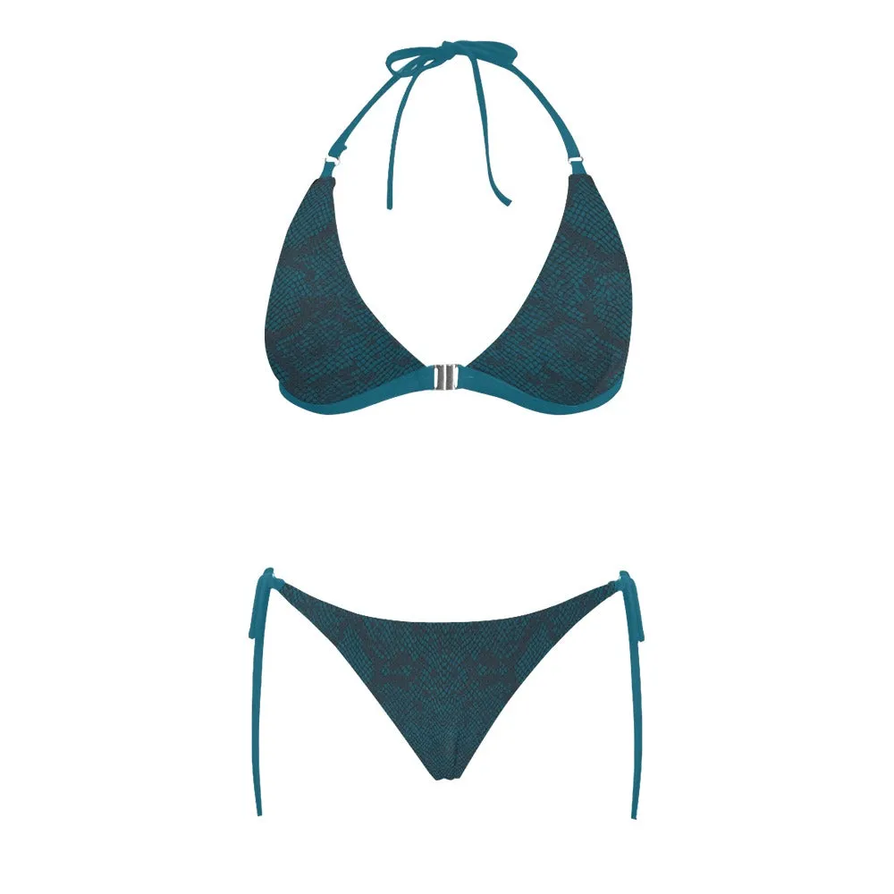 Robin's Egg Snakeskin Buckle Front Halter Bikini Swimsuit