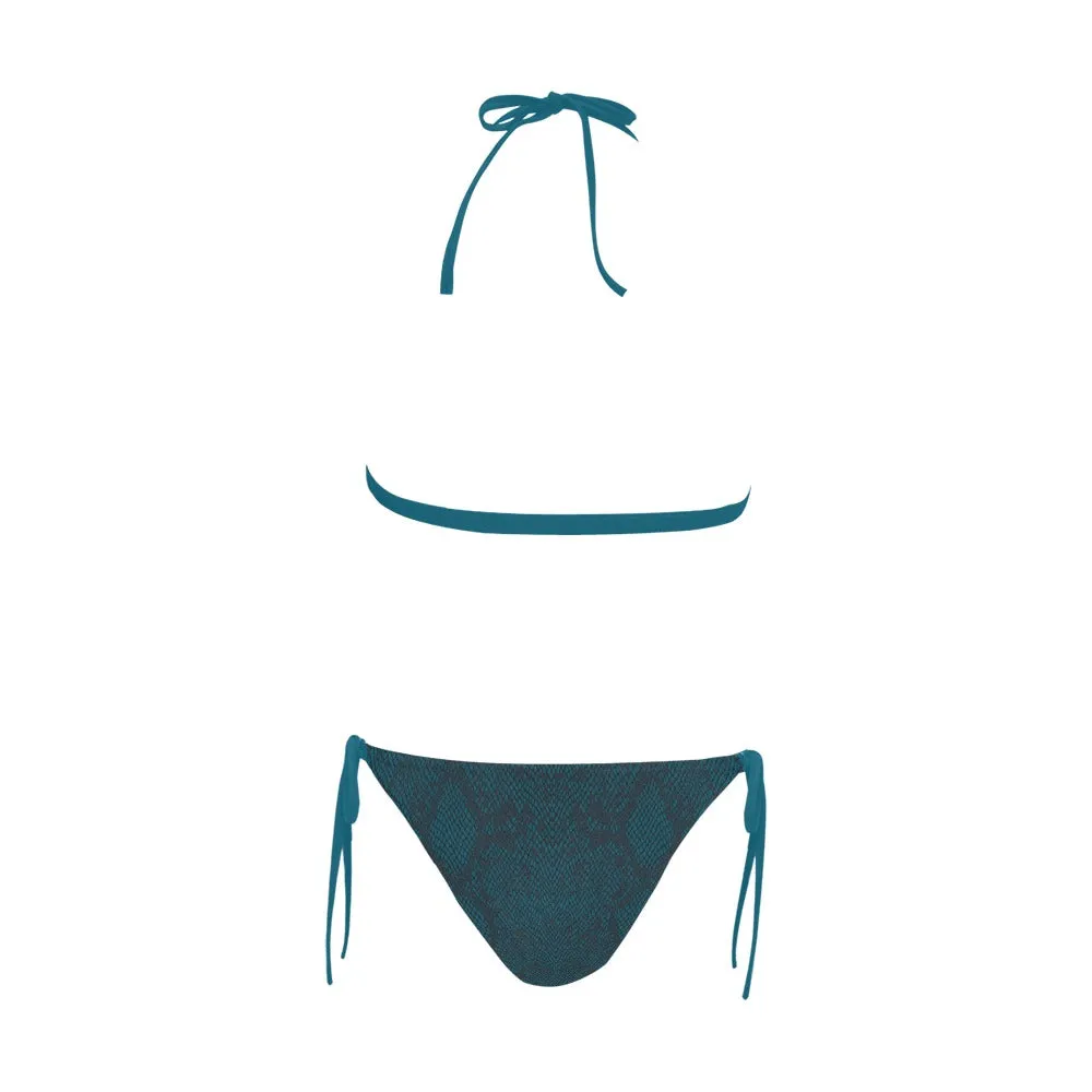 Robin's Egg Snakeskin Buckle Front Halter Bikini Swimsuit