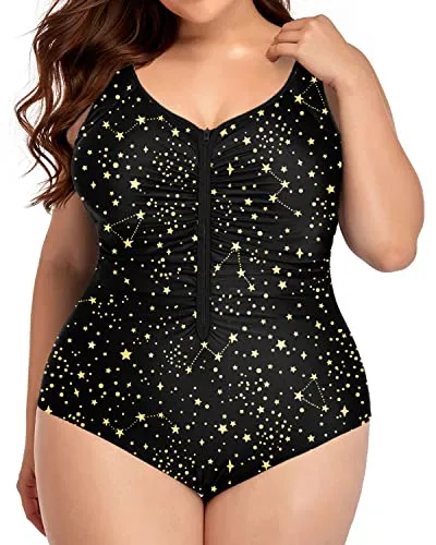 Ruched Tummy Control Zip Front Plus Size One Piece Swimsuit-Gold Stars