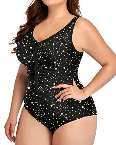 Ruched Tummy Control Zip Front Plus Size One Piece Swimsuit-Gold Stars
