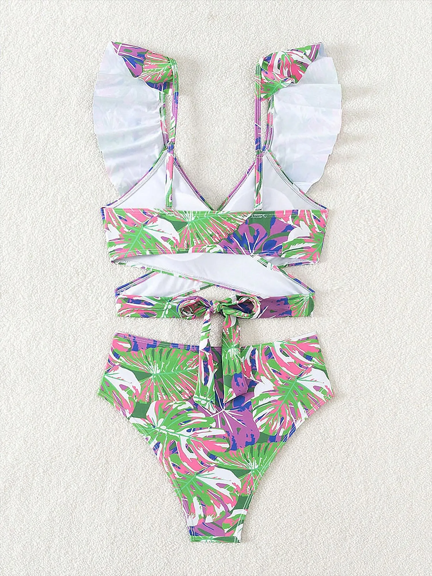 Ruffled Lace-Up Floral Bikini Swimsuits