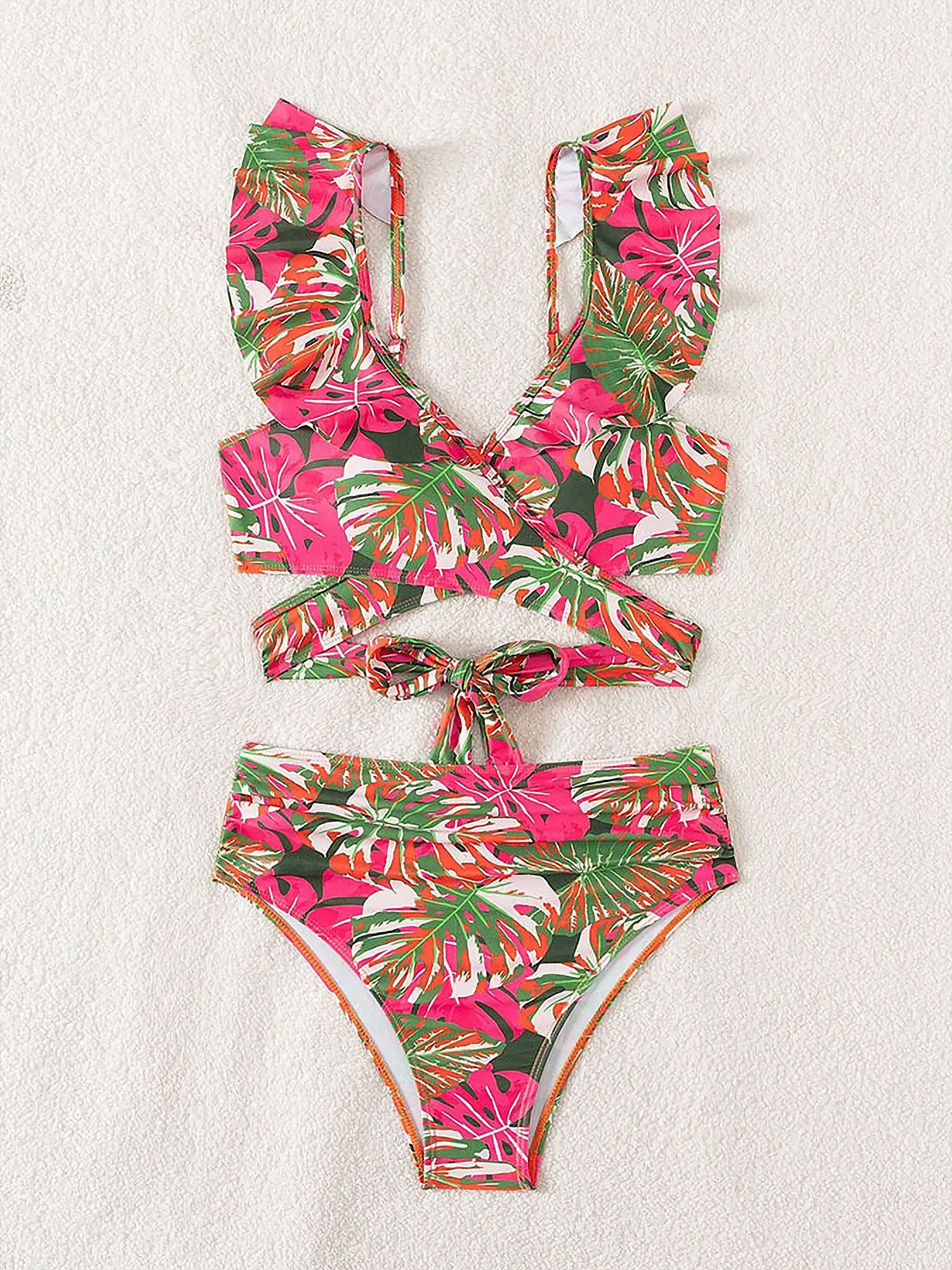 Ruffled Lace-Up Floral Bikini Swimsuits