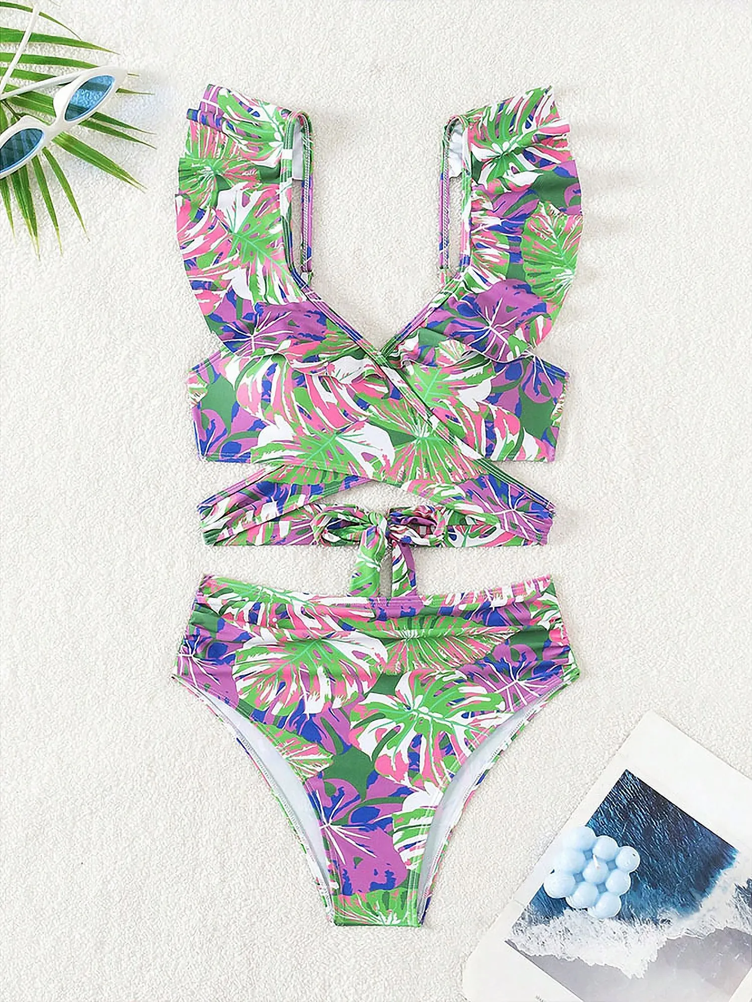 Ruffled Lace-Up Floral Bikini Swimsuits