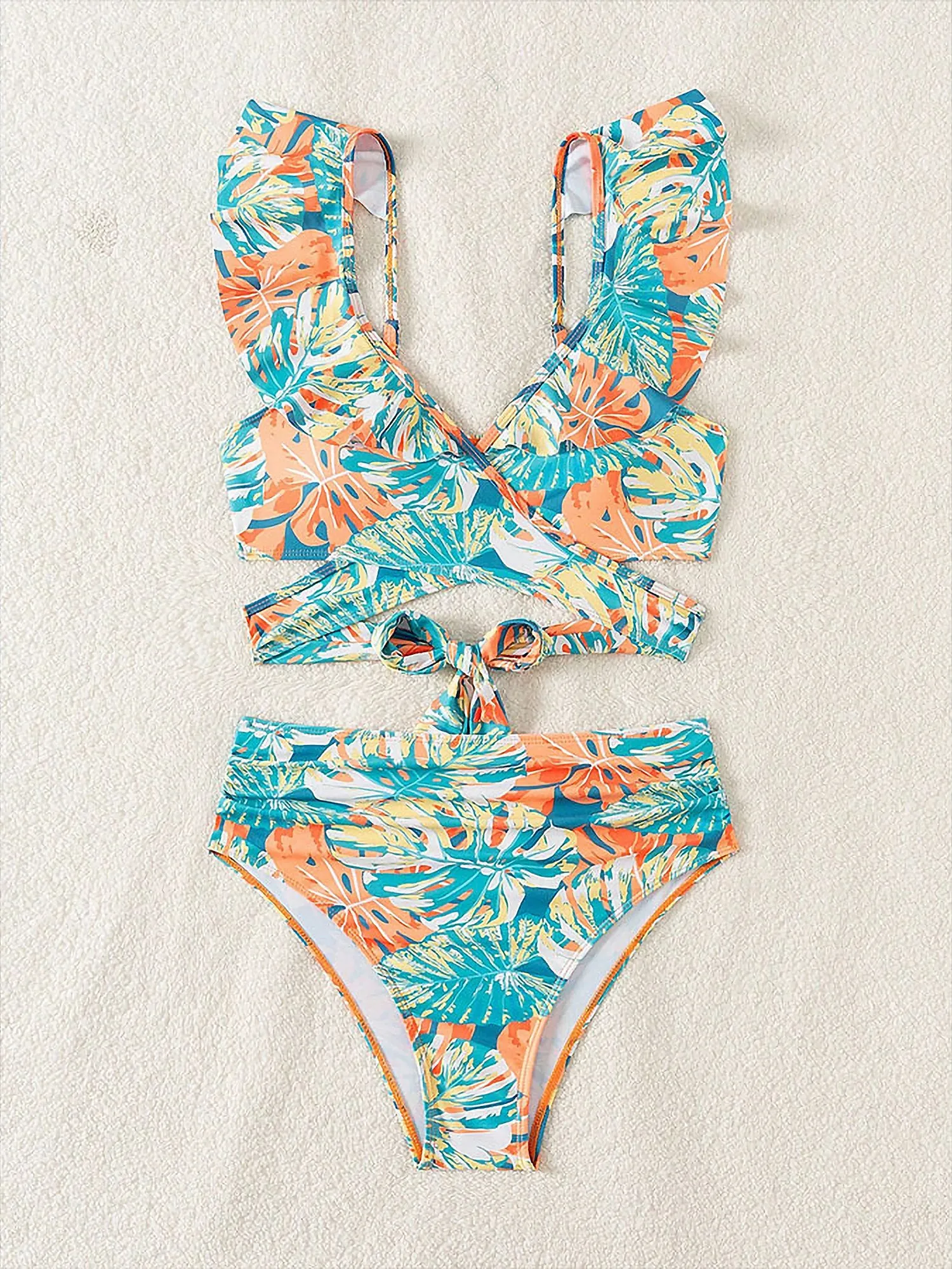 Ruffled Lace-Up Floral Bikini Swimsuits