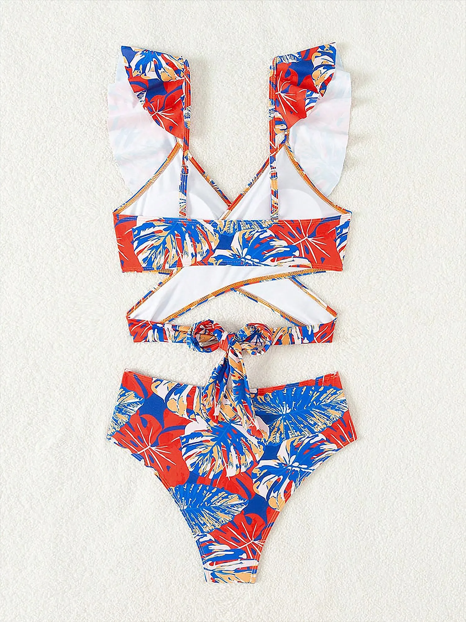 Ruffled Lace-Up Floral Bikini Swimsuits