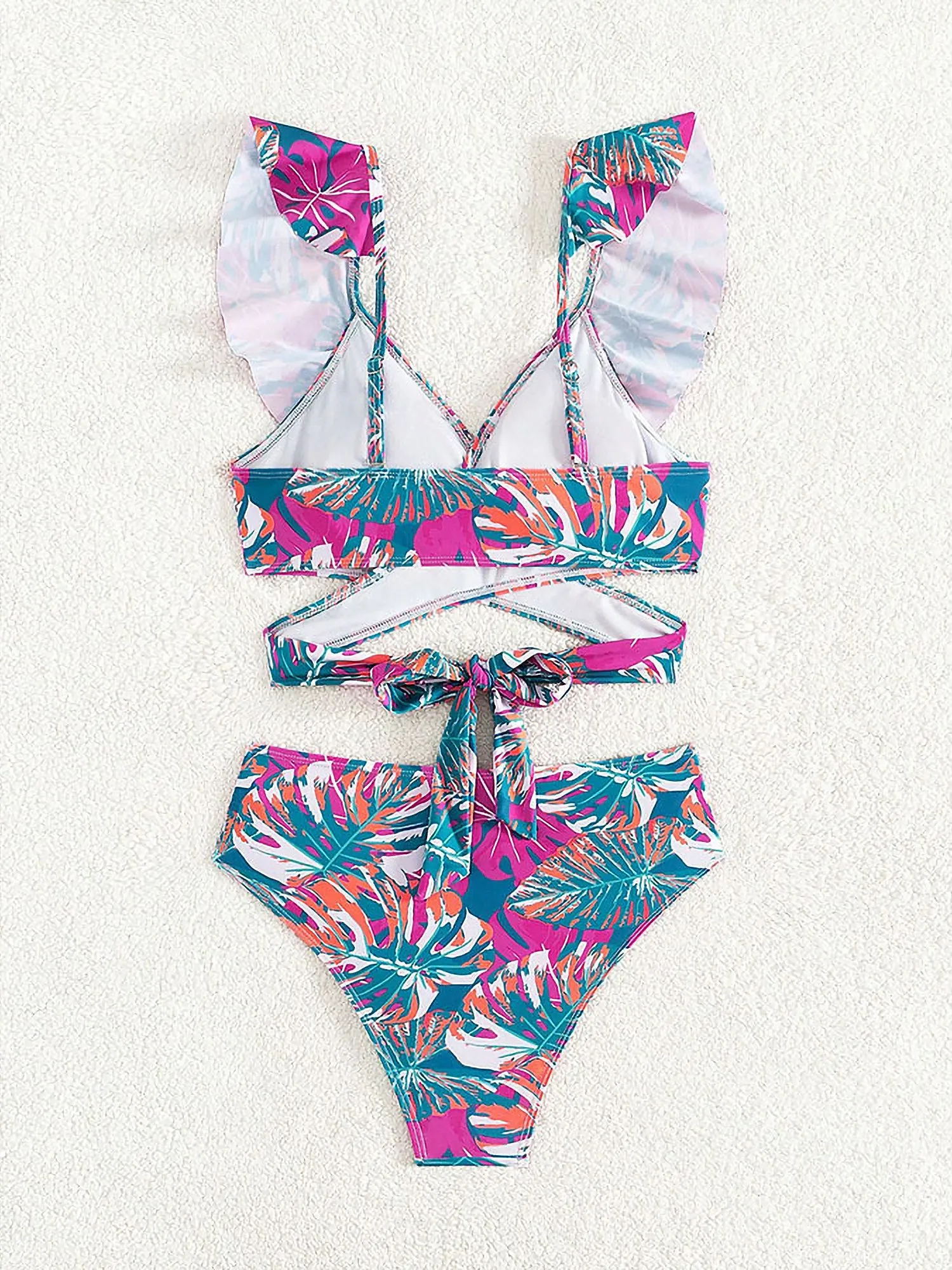 Ruffled Lace-Up Floral Bikini Swimsuits