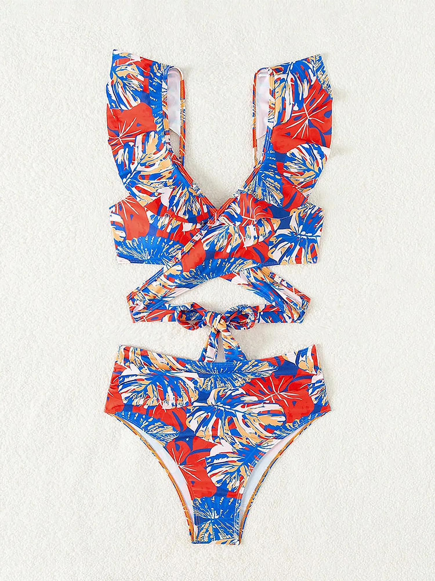 Ruffled Lace-Up Floral Bikini Swimsuits