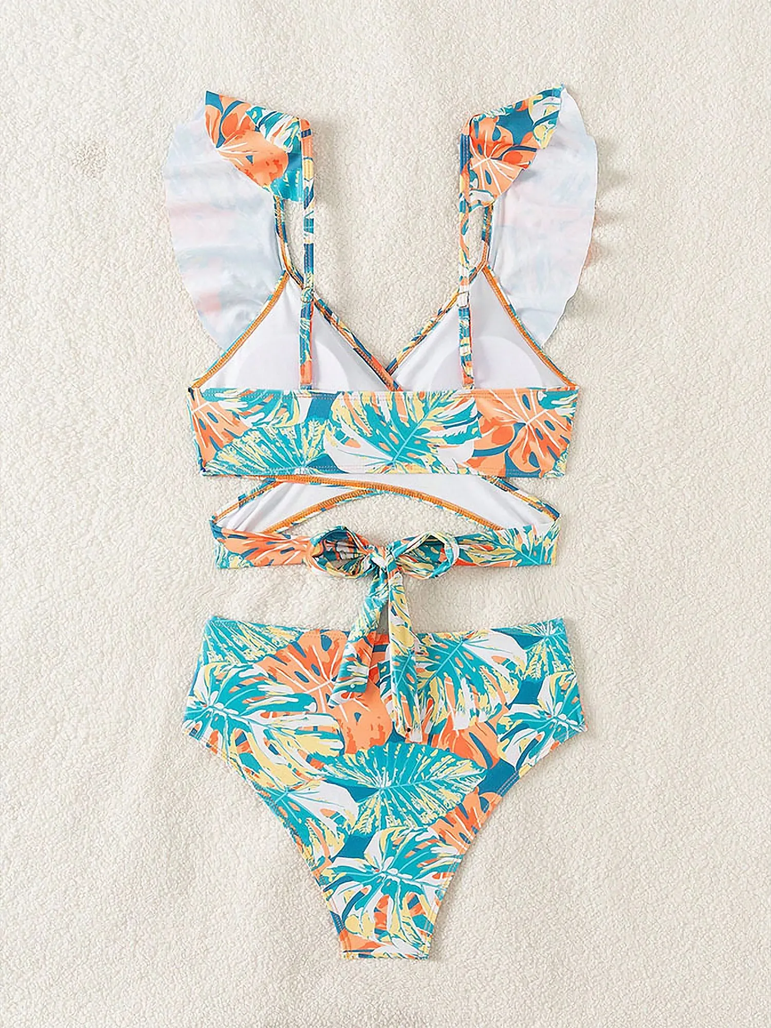 Ruffled Lace-Up Floral Bikini Swimsuits