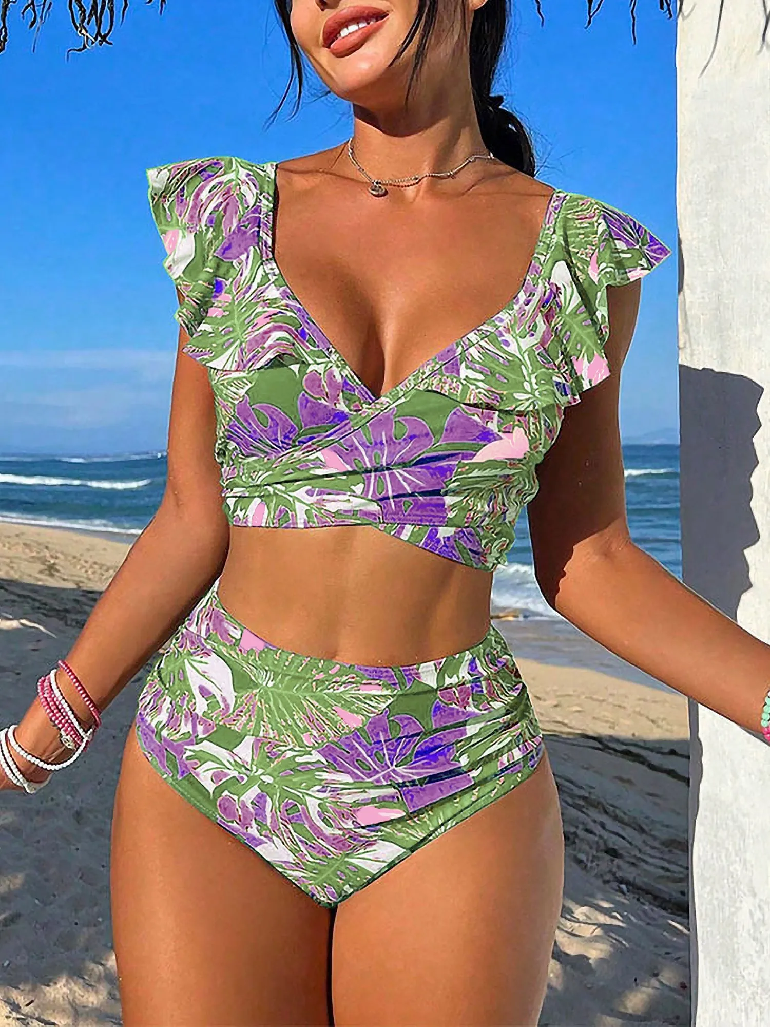 Ruffled Lace-Up Floral Bikini Swimsuits