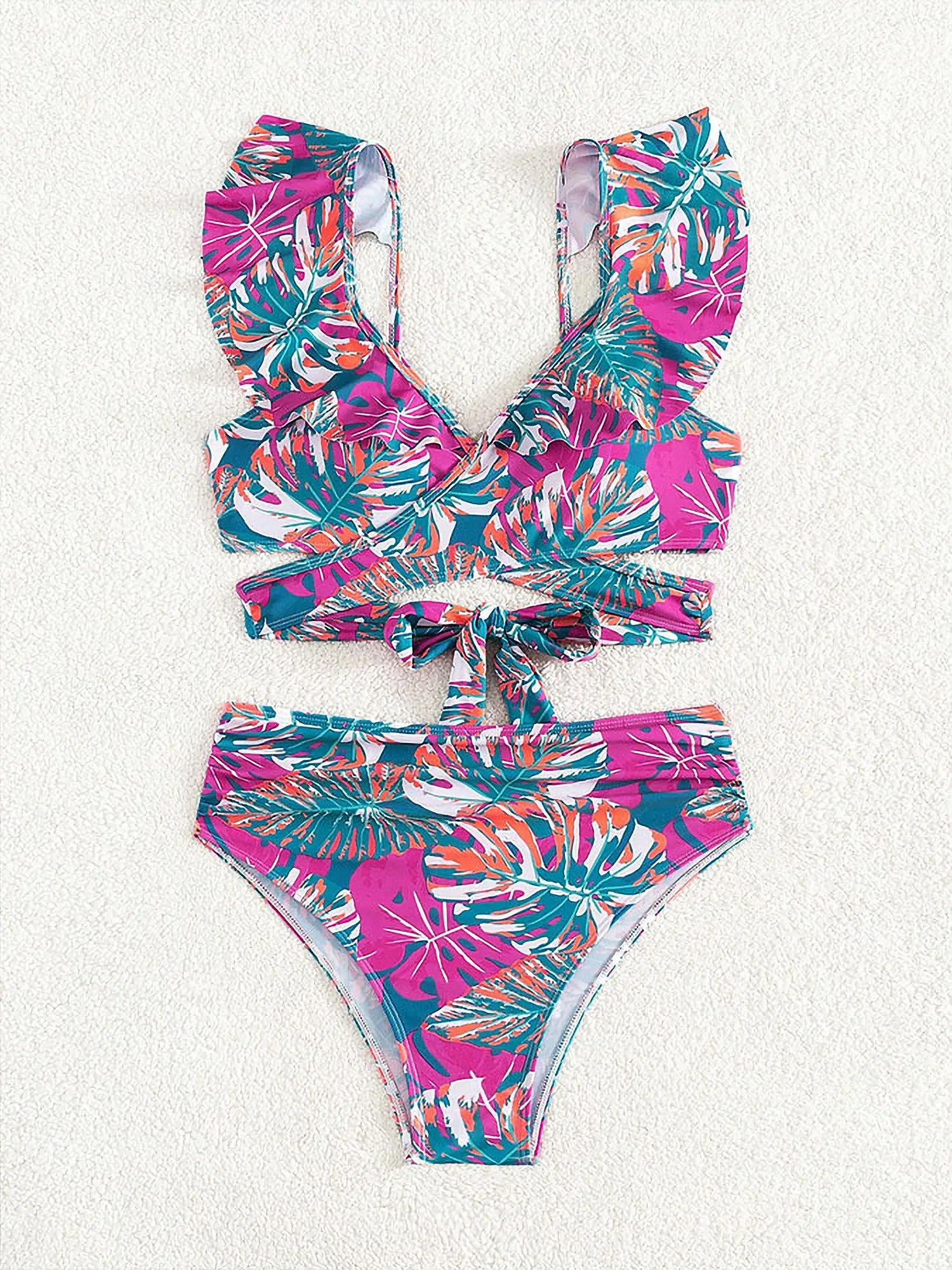 Ruffled Lace-Up Floral Bikini Swimsuits